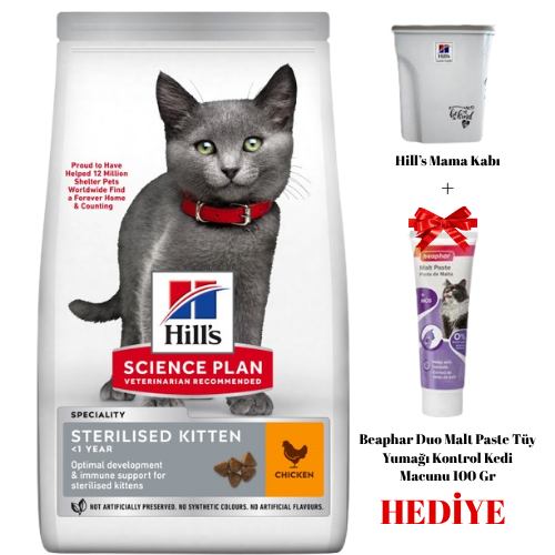 Hill’s Science Plan Sterilised Kitten Chicken 1.5 kg + Beaphar Duo Malt Paste ve Hill’s Mama Kabı Hediye
