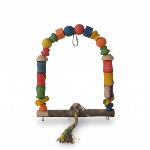 Renkli Ahşap Papağan Salıncağı – Doğal Ağaçlı ve Halatlı Kuş Oyuncağı