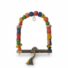 Renkli Ahşap Papağan Salıncağı – Doğal Ağaçlı ve Halatlı Kuş Oyuncağı