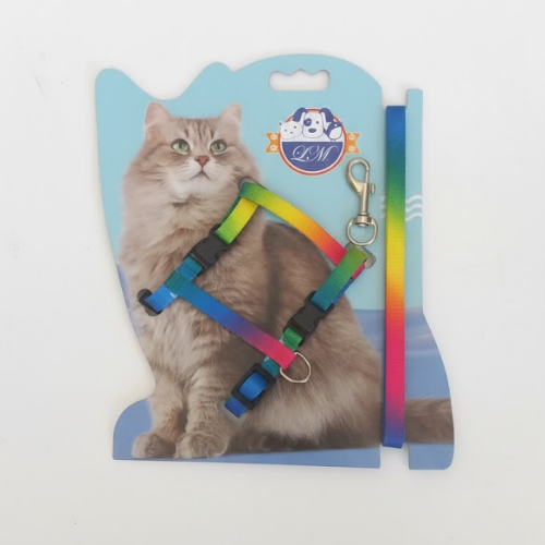 LM Kedi Göğüs Tasması ve Gezdirme Seti – Gökkuşağı Renkli