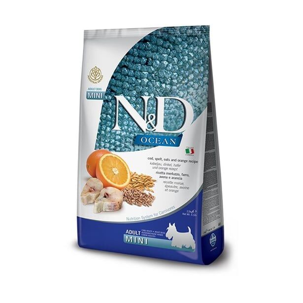 N&D Tahıllı Morina Balıklı Buğdaylı ve Portakallı Küçük Irk Köpek Maması 2,5 kg