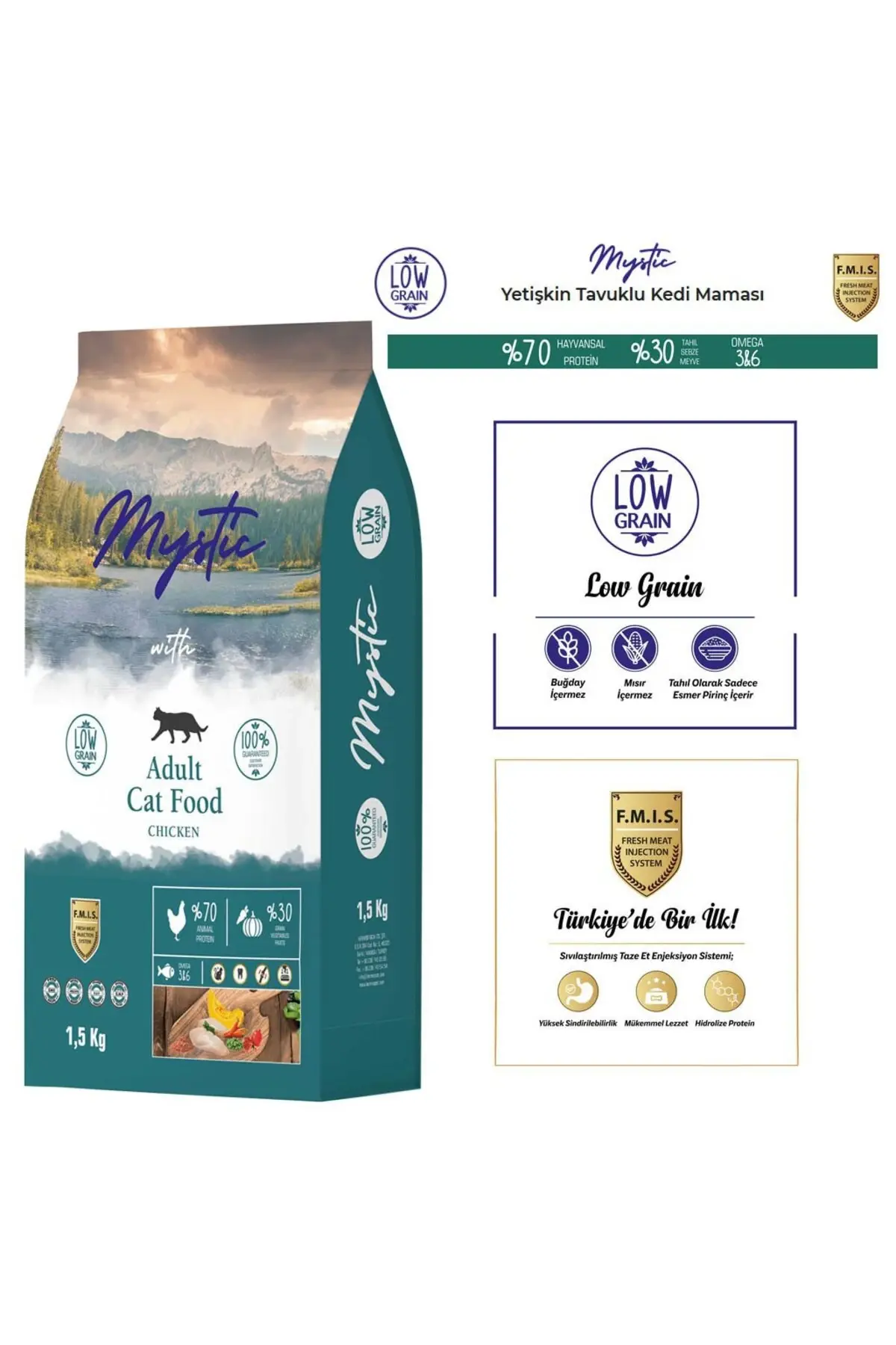 Mystic Az Tahıllı Tavuklu Yetişkin Kuru Kedi Maması 1,5kg.