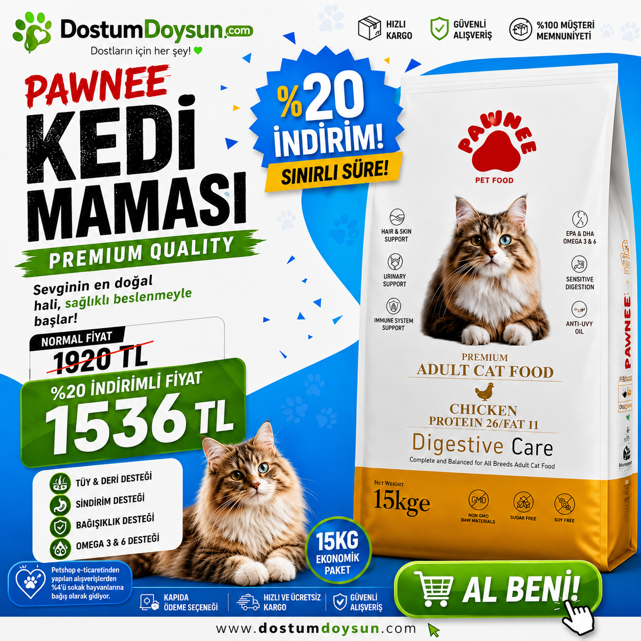 Pawnee aldut tavuklu tavuklu kedi maması 15kg
