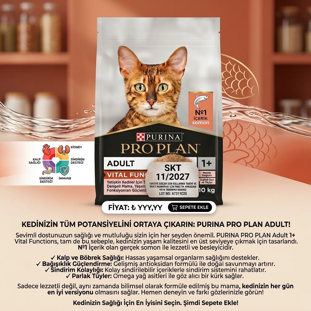 Pro Plan Vital Functions Somonlu Yetişkin Kedi Maması 10 Kg