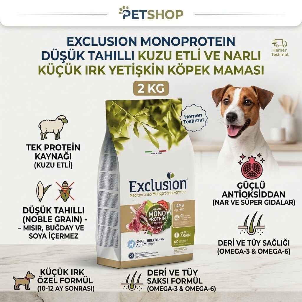 Exclusion Monoprotein Düşük Tahıllı Kuzu Etli Ve Narlı Küçük Irk Yetişkin Köpek Maması 2 KG