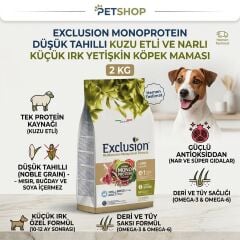 Exclusion Monoprotein Düşük Tahıllı Kuzu Etli Ve Narlı Küçük Irk Yetişkin Köpek Maması 2 KG