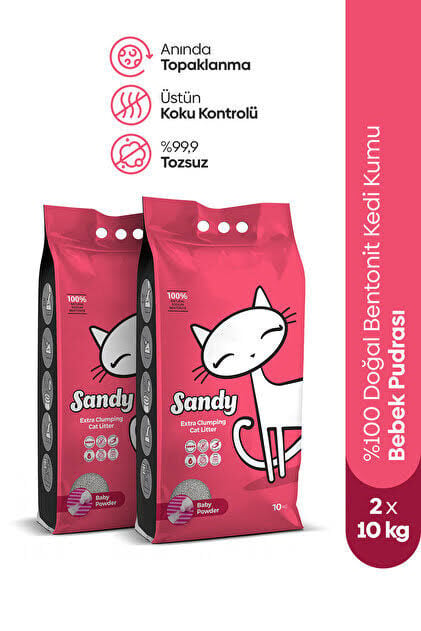 Sandy bebek pudralı bentonit kedi kumu 2li paket 10x2 20kg